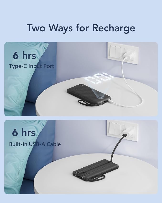 VRURC Portable Charger with Built in Cables, Slim Power Bank 10000mAh, USB C Travel Battery Pack, 5 Output 2 Input External Charging Bank for iPhone 17 16 15 14 13,Samsung,Android-Black(1 Pack) - Image 5