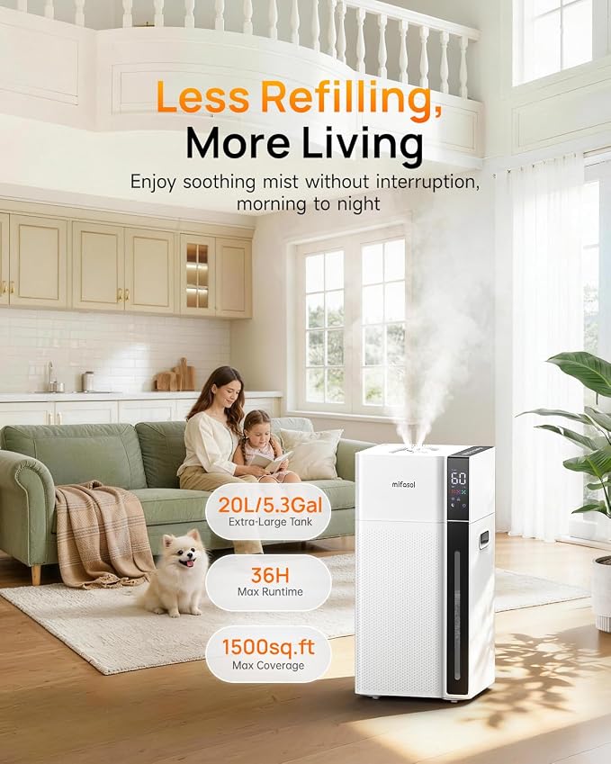 Mifasol Humidifier Large Room, 5.3Gal/20L Warm & Cool Mist Humidifiers for Home 1500 sq ft, Whole House Humidifier, Humidifiers for Bedroom Home Plants Office Large Areas, White - Image 3