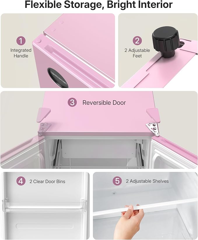 Upstreman 2.5 Cu.Ft All-Refrigerator Mini Fridge, Single Door Small Refrigerator, Dorm Fridge with 7 Adjustable Thermostat, Compact Refrigerator for Office, Bedroom or Dorm, Pink-CR26 - Image 6
