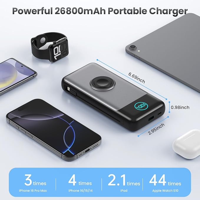 FOCHEW Portable Charger for iPhone with Built-in Cables and AC Wall Plug,26800mah Fast Charging USB C Power Bank,25W PD Travel Essential Battery Pack for iPhone 17/16/15/14/13/12,Galaxy,Apple Watch - Image 7