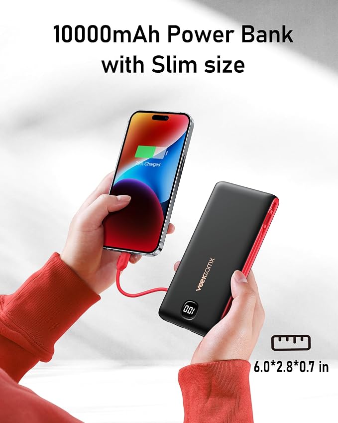 VEEKTOMX Portable Charger with Built in Cables 10000mAh, Power Bank for iPhone with AC Wall Plug, Fast Charging USB C Slim Battery Pack with LED Display Compatible with iPhone 17/16/15/14, Samsung - Image 7