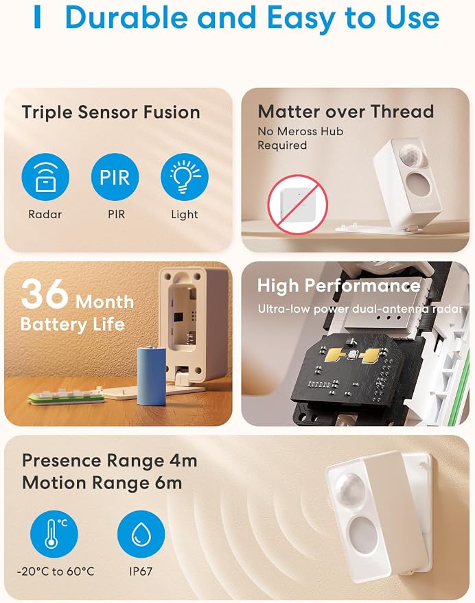 meross Matter Presence Sensor MS605, Battery-Powered 4-in-1 Smart Motion Sensor - Image 2