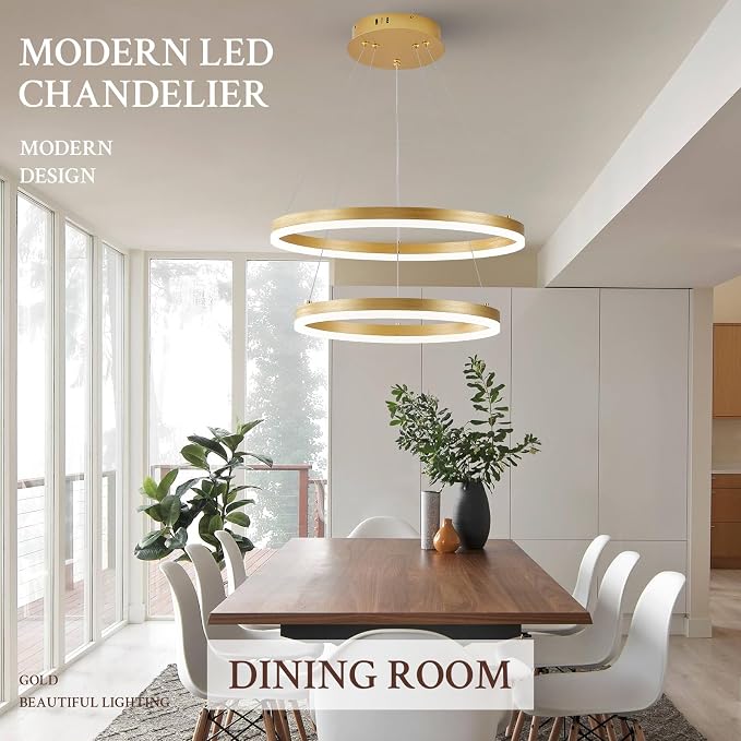 Modern LED Chandelier Gold 2-Rings Pendant Light Circular Flush Mount Ceiling - Image 5