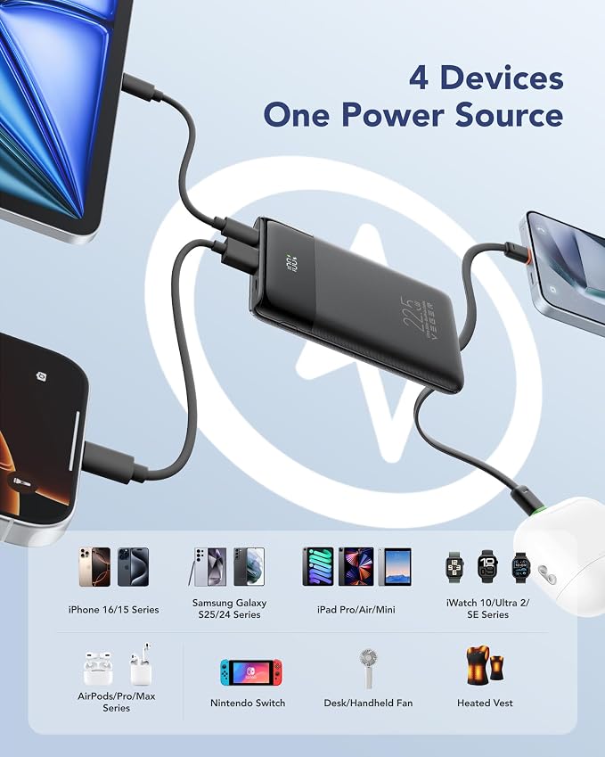 VEGER Portable Charger, Ultra Slim 22.5W Fast Charging with Built in Cable, Flight-Safe 10000mAh USB C Power Bank Battery Pack, Travel Essential Phone Powerbank for iPhone 17 16 Samsung S25 Google etc - Image 5
