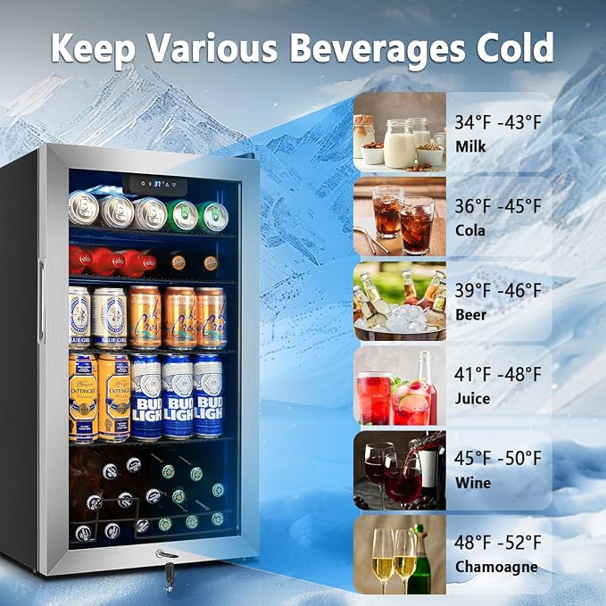 Beverage Refrigerator Cooler, 130 Cans 3.22 Cu.Ft Small Refrigerator with Low-E Glass Door, Lock, 17-Inch Beer Fridge for Drinks, Beer and Wine, Mini Fridge for Bedroom, Office and Bar, Silver - Image 9