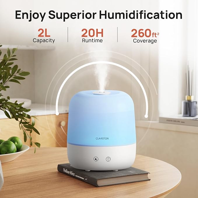 Clarston 2L Cool Mist Humidifier for Bedroom with 360° Adjustable Nozzle, High and Low Mist Levels, Ultra-Low Noise, Light-Off, No BPA, Auto Shut Off, Ideal Baby Humidifier with Easy Top Filling - Image 2