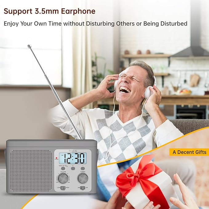 DreamSky AM FM Radio Portable - Shortwave Radio Battery Powered or Plug in Wall for Home Outdoor, Strong Reception, Large Dial Easy to Use, Digital Time Display, Transistor Antenna, Seniors Small Gift - Image 6