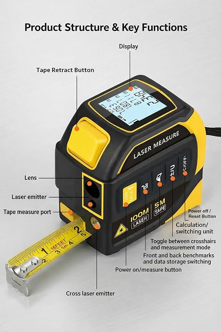 4-in-1 Digital Laser Tape Measure, 16FT Tape, 328FT Distance Meter | 33FT - Image 9