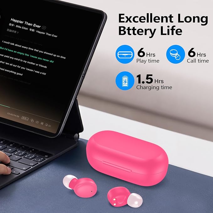 kurdene Wireless Earbuds Bluetooth 5.3 Light Weight in Ear Headphones | Premium Sound Bass Ear buds with Charging Case,Touch Control,Built in Mics Headset,Clear Calls for Sports Workout Hot Pink - Image 4