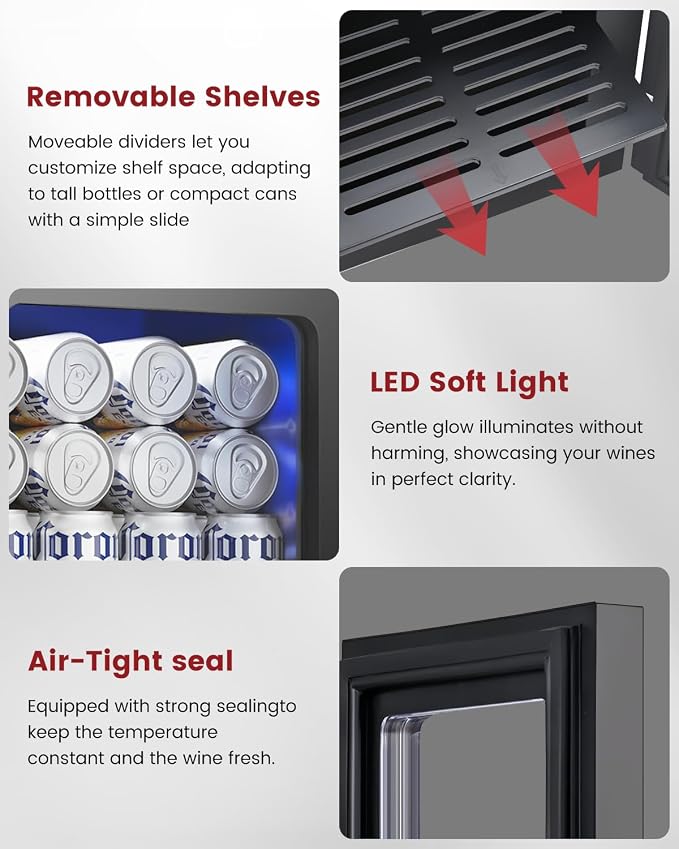 Feelfunn 24 Can Beverage Refrigerator, Mini Fridge, Black | 40-61°F temp control, whisper-quiet ≤38dB, holds 24 cans, removable shelf. Ideal for office, dorm, bedroom, home bar - Image 5