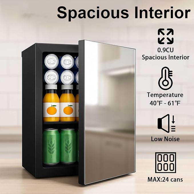 7 Temp Control 24 Can Mini Fridge, 0.95 Cu.Ft Beverage Cooler | for Soda, Beer, Wine, Beauty Products, Mirrored Door Compact Refrigerator for Bedroom, Dorm, Office, Storage - Image 5