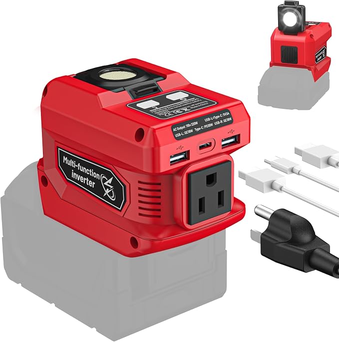 220W Azocek Power Inverter Compatible with Milwaukee 18V Battery, DC 18V to AC 110V Portable Power Station with 1 AC Outlet, 2 USB Ports & 1 Type-C Fast Charging, 400LM LED Work Light - Image 8