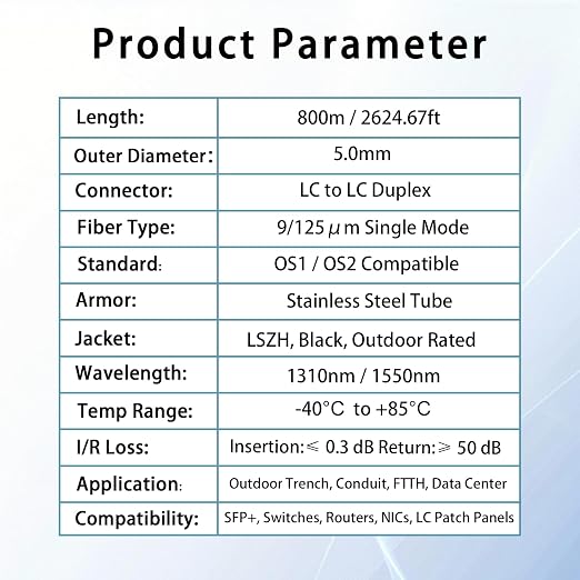 800M/2625FT LC to LC Armored Outdoor Fiber Optic Cable, Single Mode Duplex - Image 6
