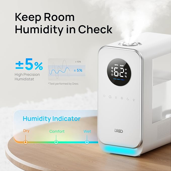 DREO Humidifiers for Bedroom, Top-filled Smart Quiet Cool Mist Humidifier for Large Room, 50 Hours Runtime for Home, Indoor Plants, Oil Diffuser & Nightlight for Baby Nusery, 5L, with Alexa/Google - Image 2