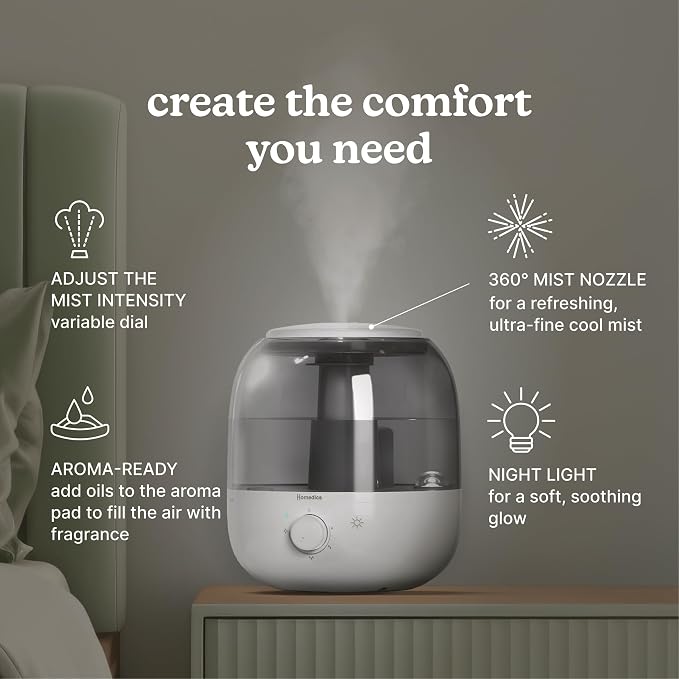 Homedics Ultrasonic Top Fill Humidifier, Cool Mist, 360° Nozzle, Up to 25 Hour Runtime, for Large Room, Bedroom, Nursery, Plants - Image 3