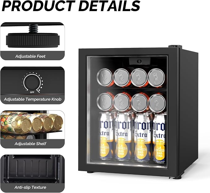 Bonnlo 46 Cans/1 Cu.Ft Beverage Refrigerator Cooler with Glass Door, Quiet Mini Drink Fridge with Adjustable Shelf & Feet, Small Wine Cooler for Bedroom, Bar & Office, 43-64°F, 115V - Image 4