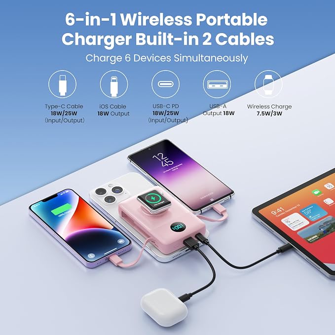 Magnetic Portable Charger for MagSafe with Built-in Cable,iWatch Charger,10800mAh Wireless Power Bank Travel Essentials,25W PD Fast Charging Battery Pack for iPhone 17/16/15/14/13/12,Apple Watch-Pink - Image 3