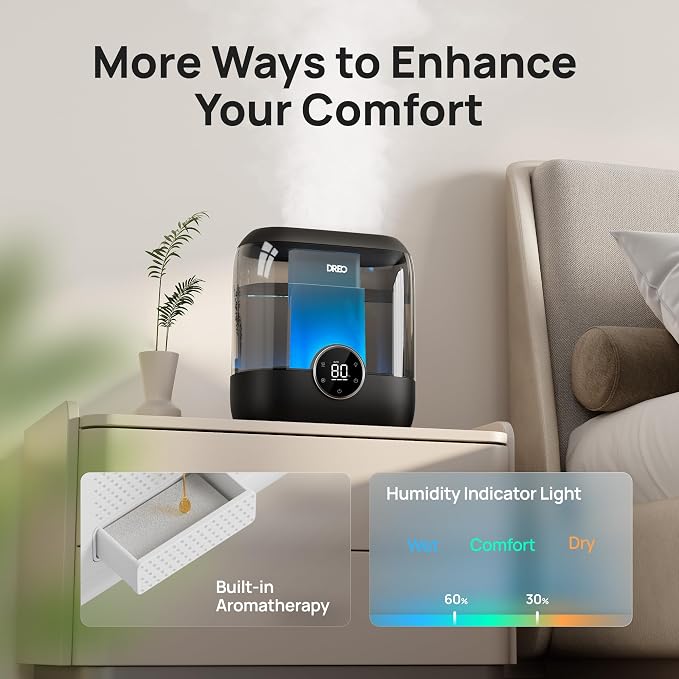 DREO Smart Humidifiers for Bedroom, 6L Top Fill Supersized Cool Mist Humidifier for Large Room, 60 Hour Runtime, Quiet Ultrasonic Humidifier for Plants, Indoor, Home, Night Light, Black - Image 5