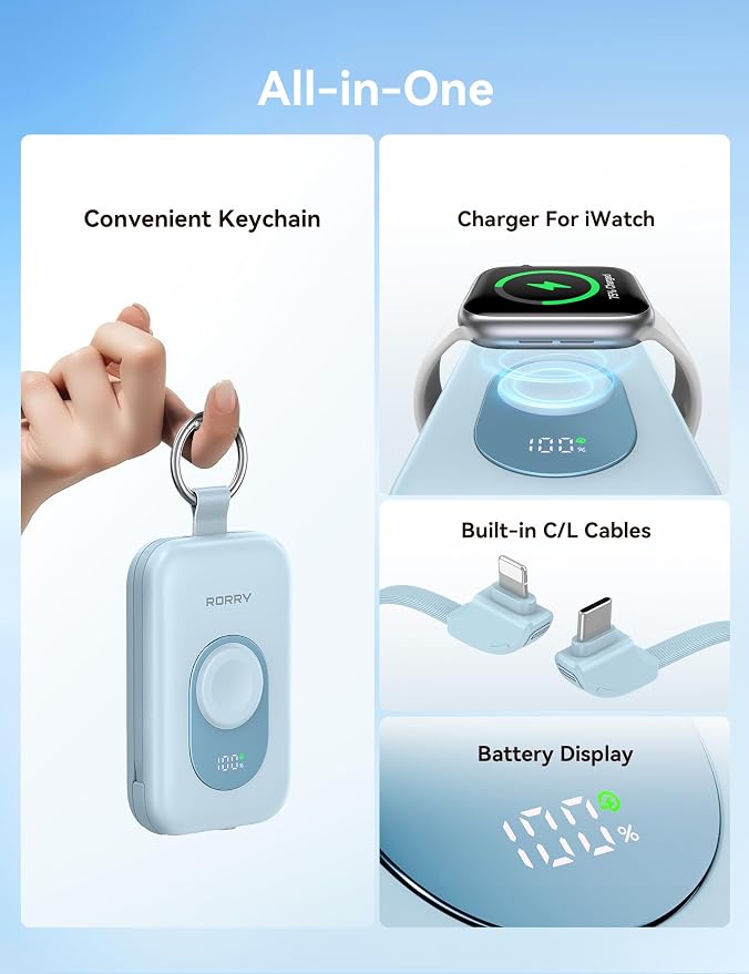 RORRY Portable Charger, 20000mAh PD 30W Portable Charger Power Bank with 2 Built-in Cables, Super Fast Charging Battery Pack with Keychain, Travel Essentials for iPhone, Apple Watch, iPad, Sky Blue - Image 2