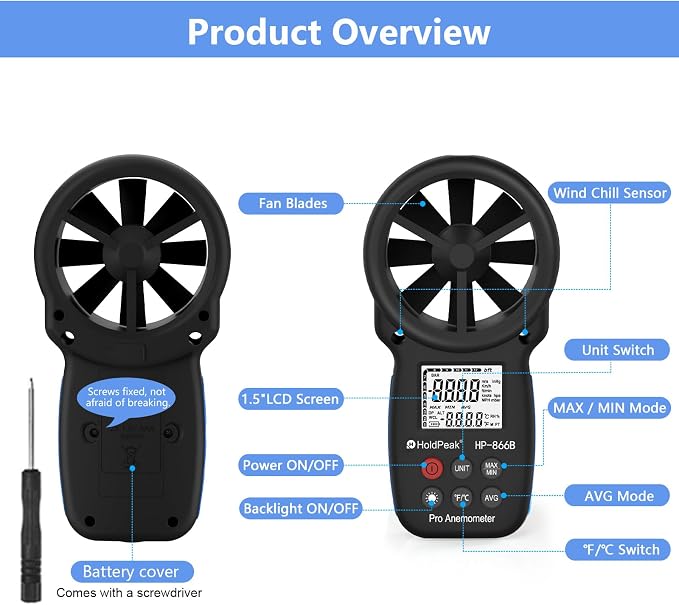 HoldPeak 866B Digital Anemometer, Handheld Wind Speed CFM Meter, HVAC Air Flow - Image 9
