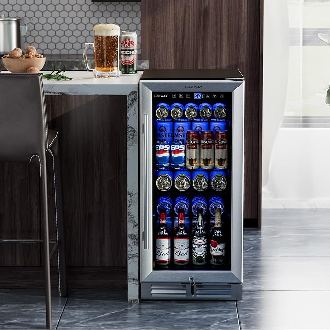COSTWAY 15 Inch Beverage Cooler Refrigerator - 3.5 Cu.ft Mini Fridge with Glass Door, Lock and Removable Shelves for Soda Beer Wine, Freestanding Small Drink Refrigerator for Home Office Bar - Image 2