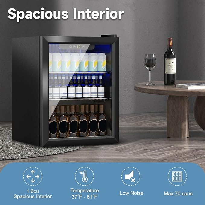 Stopasd Compact Beverage Refrigerator, 1.6 Cu.Ft/70 Can Drink Fridge, with Glass Door, Adjustable Shelves & Digital Display, Quiet Undercounter Small Fridge for Home/Office/Bar/Garage, Black - Image 5