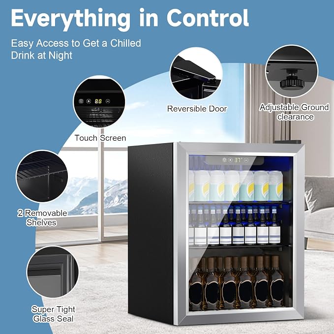 DOGHLY 72 Cans/1.7 Cu.Ft Beverage Refrigerator Glass Door Mini Fridge | Fast Cooling Mini Cooler with Adjustable Shelves for Soda, Beer, Wine, Low Noise Beverage Fridge for Home, Office,and Dorm - Image 2