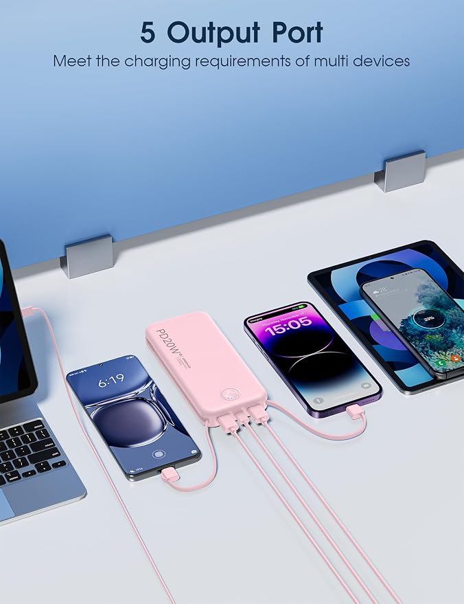 Nusyddy Portable Charger, 10000mAh PD20W Fast Charging Power Bank with Built-in Cables & Wall Plug, Travel Essentials External Battery Pack, USB C Battery Phone Charger for iPhone, iPad, Samsung Pink - Image 6