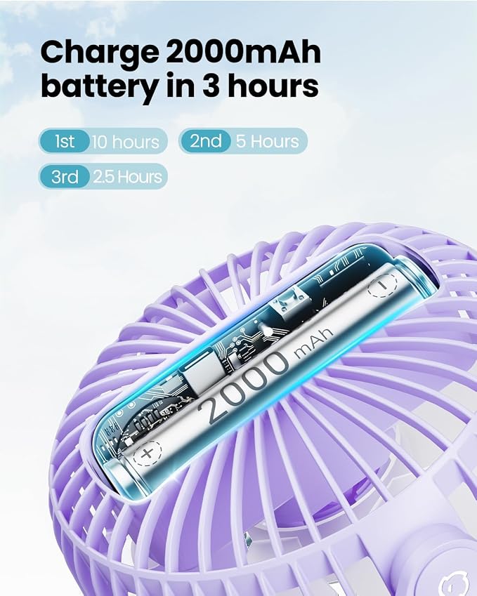 Gaiatop Portable Clip on Fan Battery Operated, Small Powerful 3 Speed Quiet 360° Rotate, USB Rechargeable Mini Personal Cooling Fan for Desk Table Home Office Stroller Camping Women Gifts Purple - Image 4