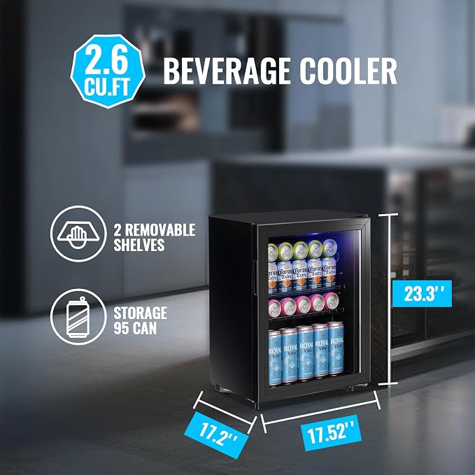 2.6 Cu.ft Mini Refrigerator with Glass Door Mini Beverage Refrigerator Soda Beer Cooler, LED Light Drink Fridge for Home/Office/Dorm Black - Image 4