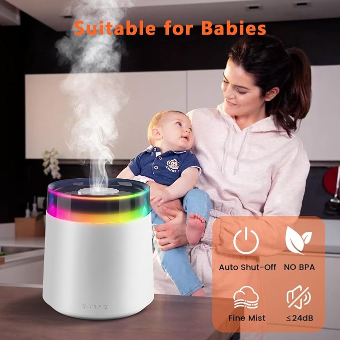 Humidifiers for Bedroom,3L Top Fill Cool Mist Humidifier for Baby Nursery,Essential Oil Diffuser for Large Room,3 in 1 Quiet Ultrasonic Humidifier for,Office,Plant,Nursery,BPA FREE (White) - Image 2