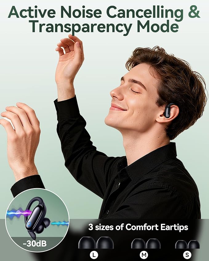 GNMN Active Noise Cancelling Ear Buds Wireless Earbuds 96hrs Playback Bluetooth Headphones Dual Battery Display Stereo Bass Earphones with Earhooks Microphone IPX7 Waterproof for Sports/Runing/Workout - Image 2