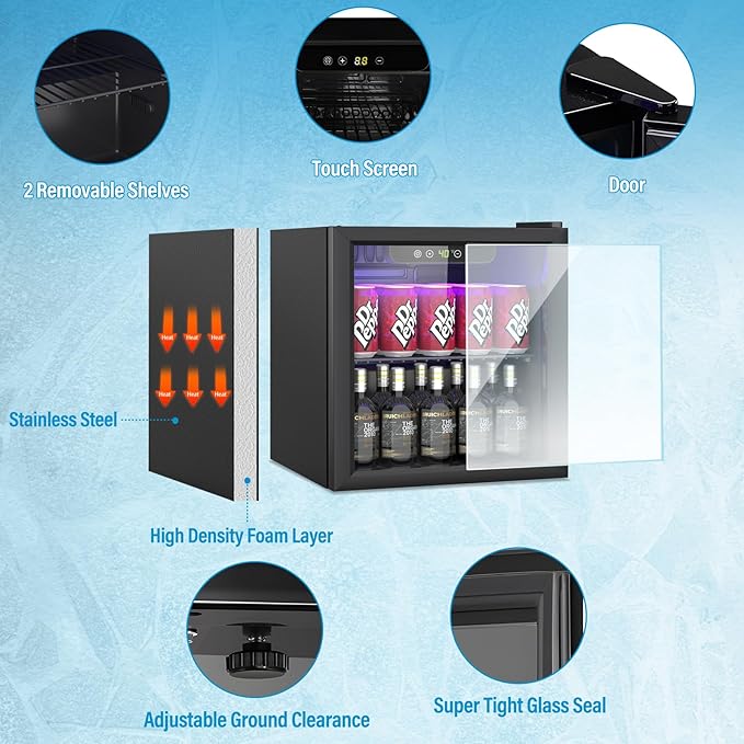Erivess Mini Fridge 60 Can Beverage Refrigerator Cooler Glass Door for Soda | 1.3 Cu Ft Drink Fridge for Home/Bar/Office with LED Display, Digital Temperature Control, Removable Shelves for Wine, Black - Image 7