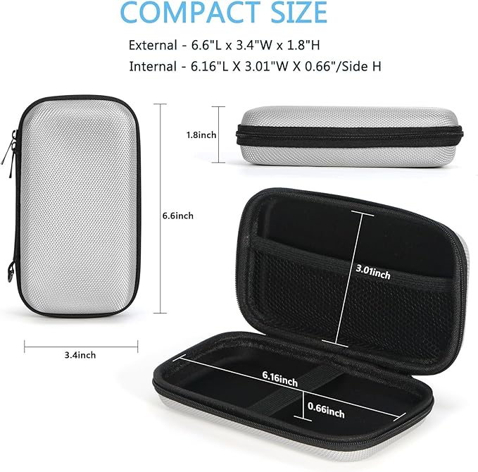 GLCON Portable Protection Hard EVA Travel Carrying Case with Mesh Pocket, Shockproof Exterior - Universal Small Electronic Tech Zipper Bag Pouch Organizer for Cell Phone, Charger, Cord, Cable - Silver - Image 3
