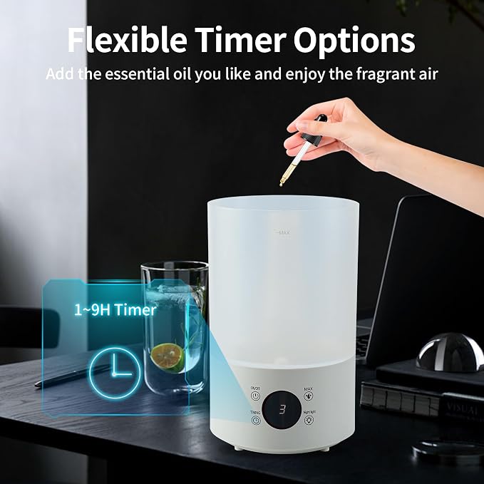 Top Fill Humidifiers for Bedroom, 4.0L Tank Cool Mist Humidifiers for Large Room, 40H Runtime, Plants with 9H Timer, Auto Shut-Off,Quiet Ultrasonic Humidifier with 360° Nozzle for Baby Nursery - Image 3