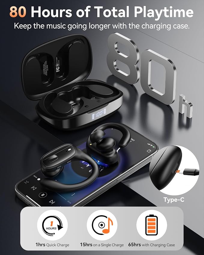 Wireless Earbuds with Ear Hooks, Running Headphones, Ear Buds for Sports | 80H Long Playtime, Noise Cancelling, Physical Button Control, LED Display, IPX7 Waterproof Workout Earphones, Black - Image 4