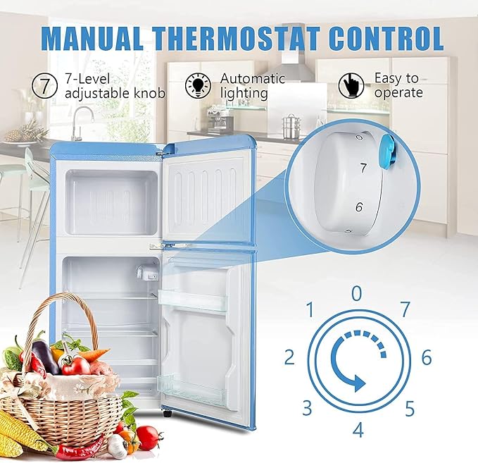 Refrigerator with Freezer 3.5 Cu.Ft Top-Freezer Compact Refrigerator Blue | 7 Level Adjustable Thermostat Control , 2 Door , Low noise,Low Power Consumption - Image 5