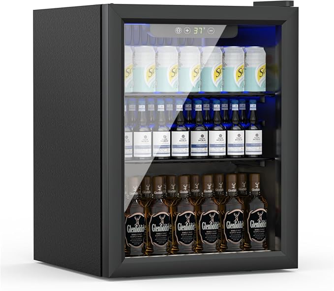 Erivess Compact Freestanding Beverage Refrigerator,70 Can/ 1.6 Cubic Feet Mini Fridge with Reversible Glass Front Door for Soda, Beer or Wine, Under Counter Small Refrigerator 2 Adjustable Shelves by Erivess