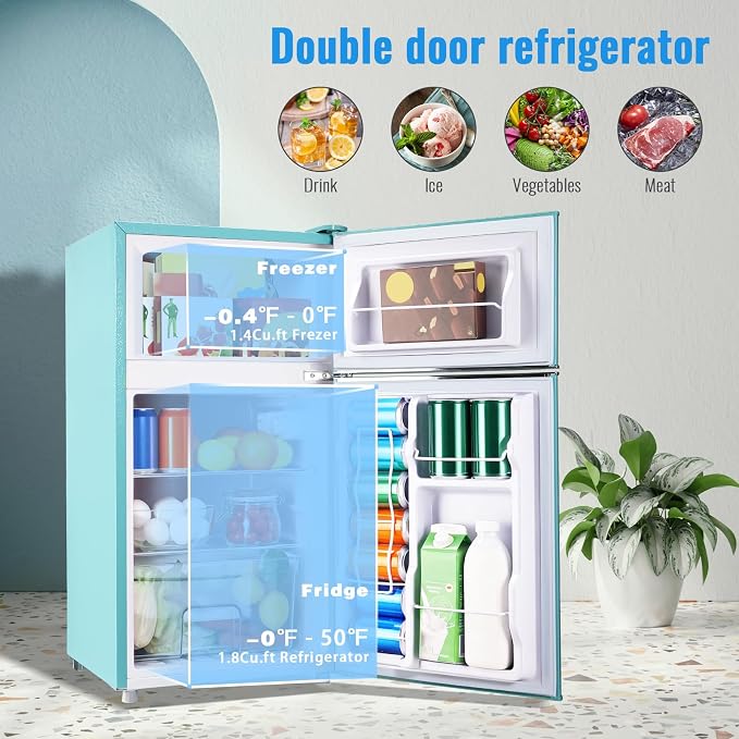 3.5 Cu.Ft Retro Mini Fridge with Handle Compact Refrigerator Blue | Dual Door Refrigerator with Freezer 7 Gears Temperature Control Ideal for Bedroom Dorm Office - Image 3