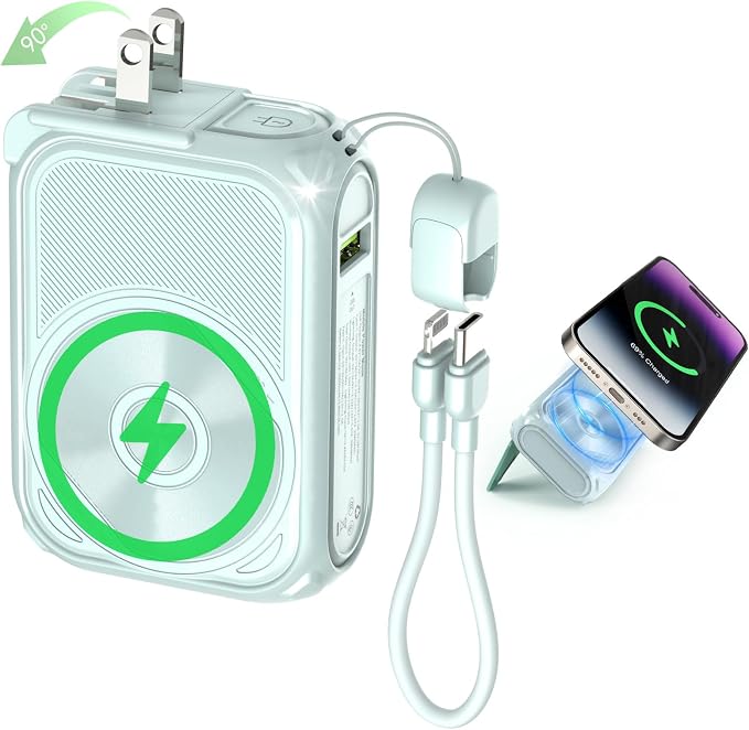 SEANCHEER P05 Portable Charger, Magnetic Power Bank, Small PowerBank, Battery Pack10000mAh Travel Essentials Fast Charging with Built in Cable, Foldable Wall Plug for iPhone,Samsung,Andriod (Green) by SEANCHEER