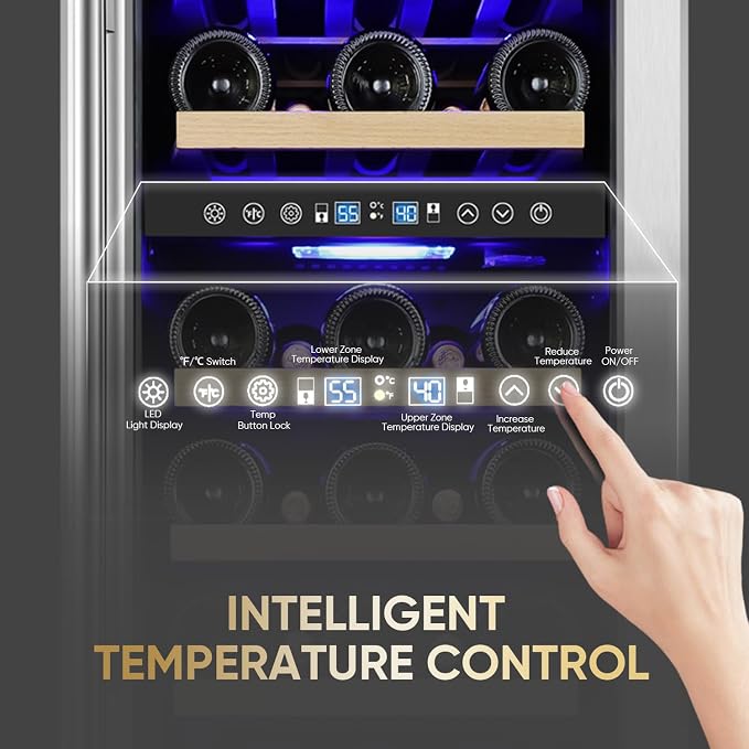 15 Inch Wine Cooler Under Counter, 30 Bottle Dual Zone Wine Fridge with Stainless Steel Glass Door, Built-In or Freestanding Wine Cellar with Digital Temperature Control for Home, Kitchen, or Office - Image 3