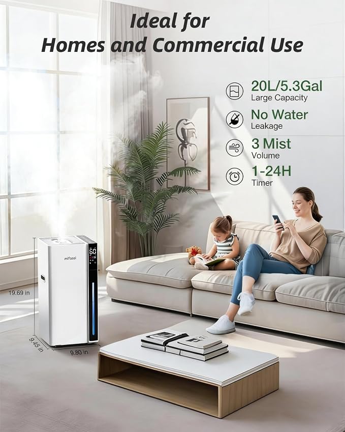 Mifasol Humidifier Large Room, 5.3Gal/20L Large Room Humidifiers for Home, Up to 1500 sq ft Whole House Humidifier, Cool Mist Humidifiers for Bedroom Plants Office Commercial Areas, White - Image 2