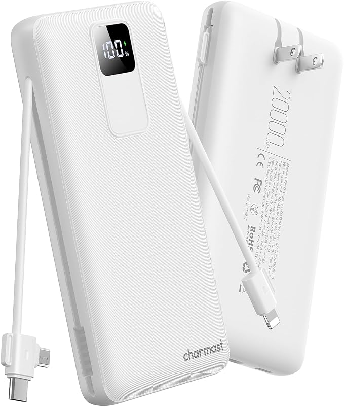 charmast 20000mAh Portable Charger with Built-in Cables & Wall Plug, 20W USB C Power Bank, Fast Charging Battery Pack Travel Essentials Compatible with iPhone 16/15/14 Series, Samsung, Google, iPad by Charmast