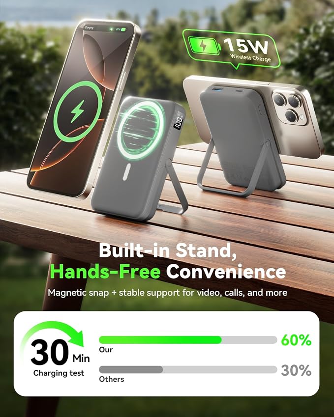Magnetic Power Bank 10000mAh with for MagSafe Charging,PD 22.5W Fast Charge,Foldable Stand,Dual USB Output,LED Display (Space Gray) - Image 6
