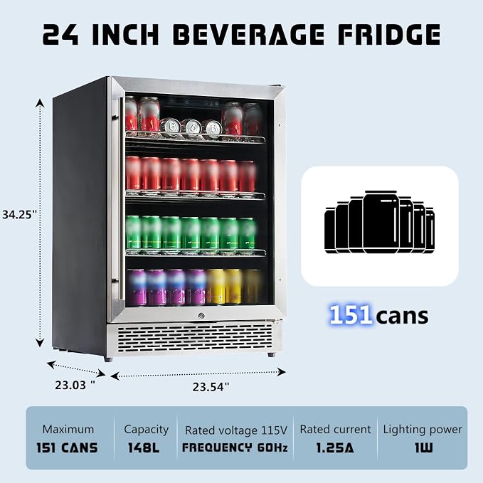 Albott 24 Inch Beverage Refrigerator, Under Counter Fridge with Glass Door | Adjustable Shelves, LED Touch Panel, Built-In or Freestanding Design for Wine and Beer, 34-64℉ - Image 9