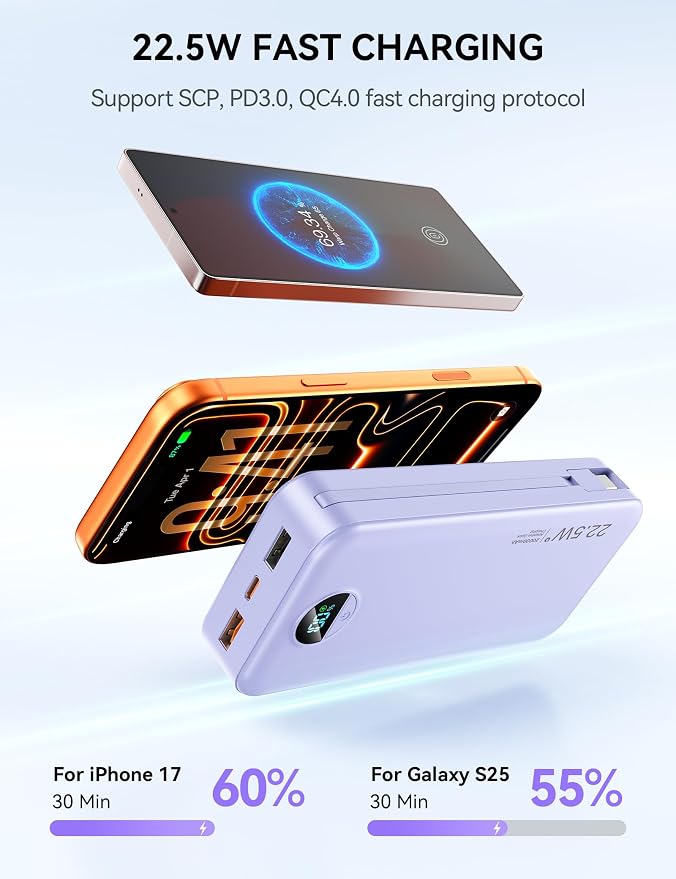 Portable Charger, 20000mAh 22.5W Fast Charging Power Bank with Built-in Cables & Wall Plug, USB C External Battery Pack with LED Display, Travel Essentials Phone Charger for iPhone iPad Samsung Purple - Image 4