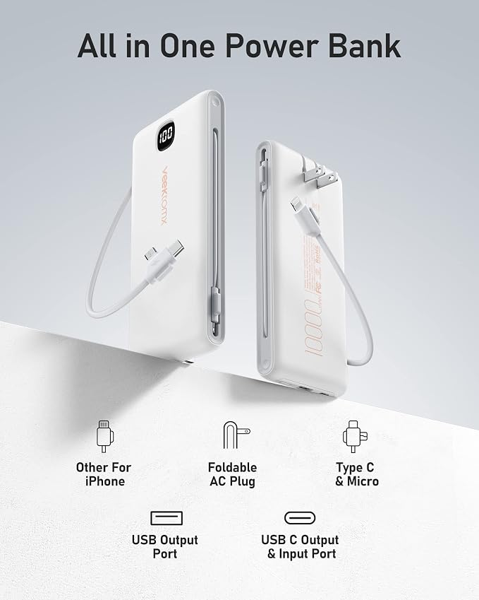 VEEKTOMX Portable Charger with Built in Cables 10000mAh, Power Bank for iPhone with AC Wall Plug, Fast Charging USB C Slim Battery Pack with LED Display Compatible with iPhone 17/16/15/14, Samsung - Image 3
