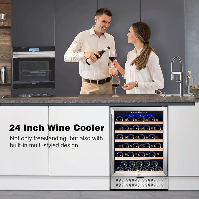 24 Inch Wine Fridge, 54 Bottles Wine Refrigerator, Under Counter or Freestanding, 40-65°F, Lock, Double Layer Tempered Glass Door, Wine Cooler Refrigerator with Adjustable Wooden Shelves - Image 2