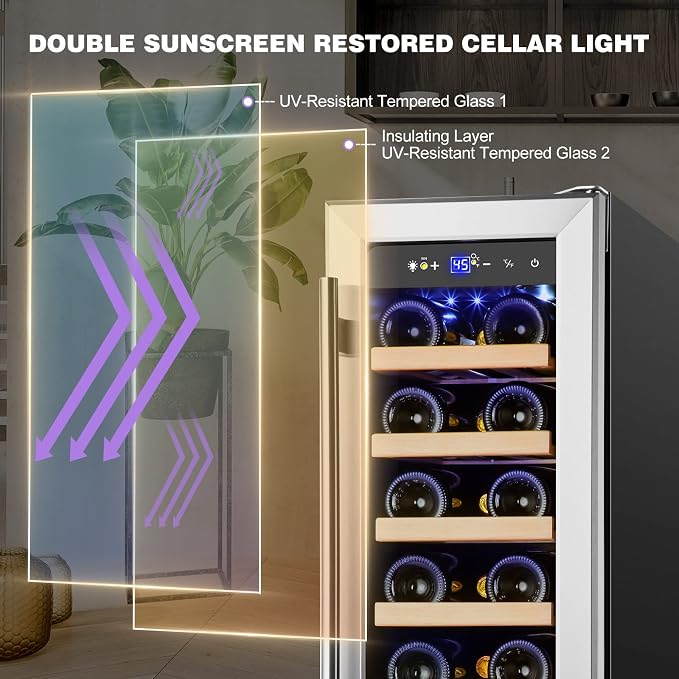 12" Wine Cooler Refrigerator, 18 Bottles Wine Fridge Built-in or Freestanding with Stainless Steel & Double-Layer Tempered Glass Door, Compressor Fast Cooling, Low Noise and No Fog, Mini Fridge - Image 6