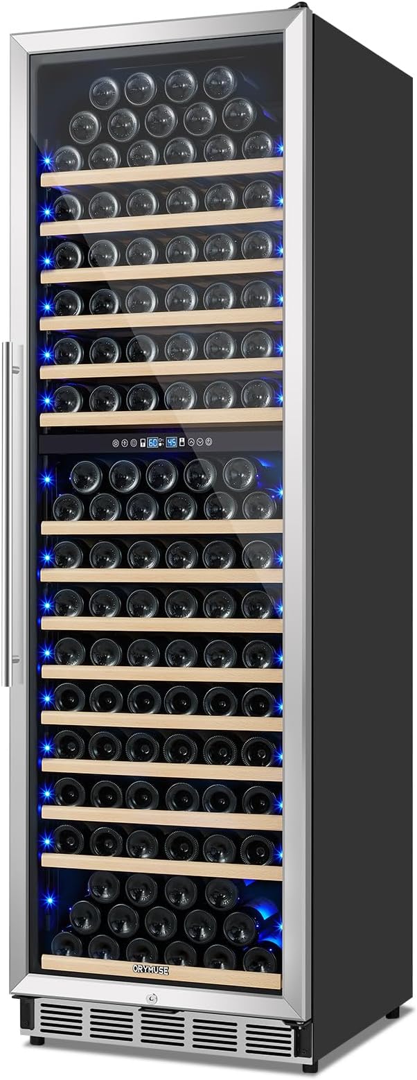 200 Bottle Dual Zone Wine Fridge - 24 Inch Large Wine Cooler Refrigerator, Freestanding and Built-in Design, Upgraded Compressor Cooling, Intelligent Temperature Memory by ORYMUSE